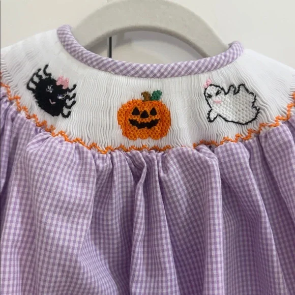 Classic Whimsy Purple/White Gingham Smocked Halloween Themed Bubble 12M - Picture 2 of 6